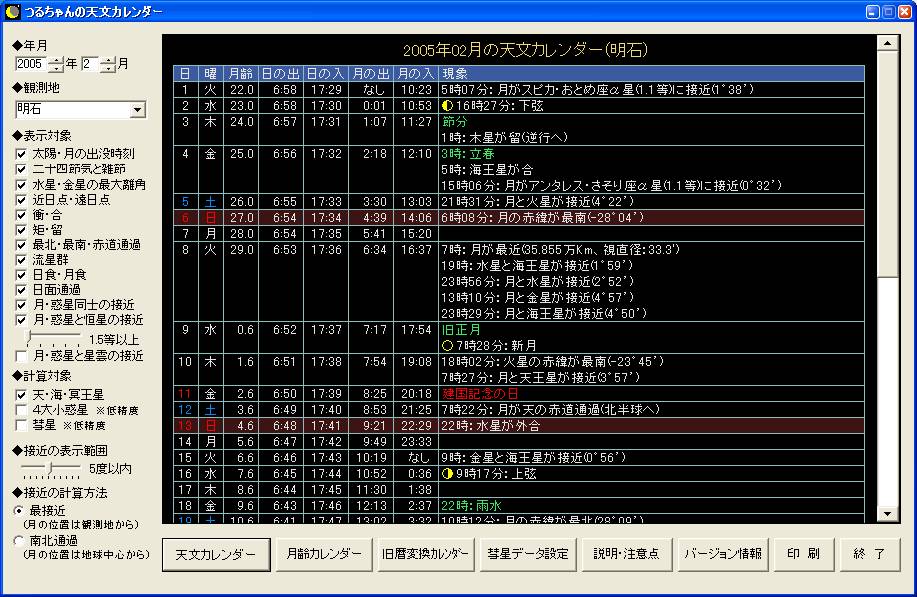 天文カレンダーの表示例