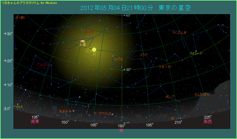 2012年5月4日は土星とスピカが近づいているところへ月が近づく。最近の中では間隔が最も狭い