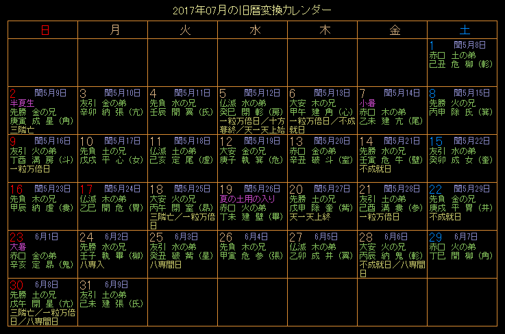 2017年7月の旧暦カレンダー