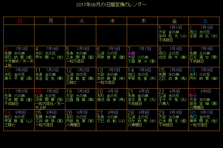 2017年9月の旧暦カレンダー