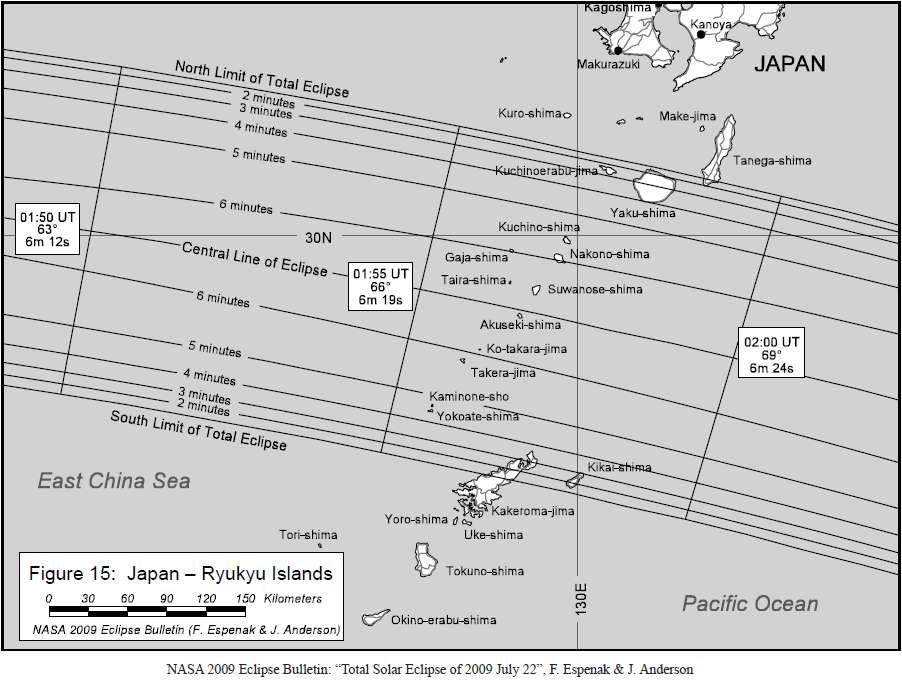 皆既継続時間を表した地図