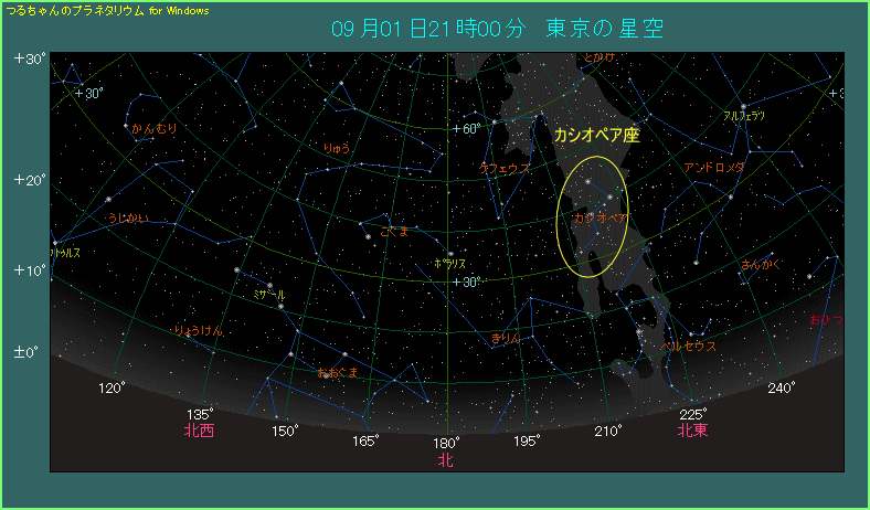 カシオペアのW:秋口に北東の空から昇ってくる